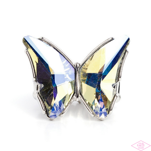 "Fluorescent Flutter" Silver Metal & Iridescent Rhinestones Butterfly Elastic Ring