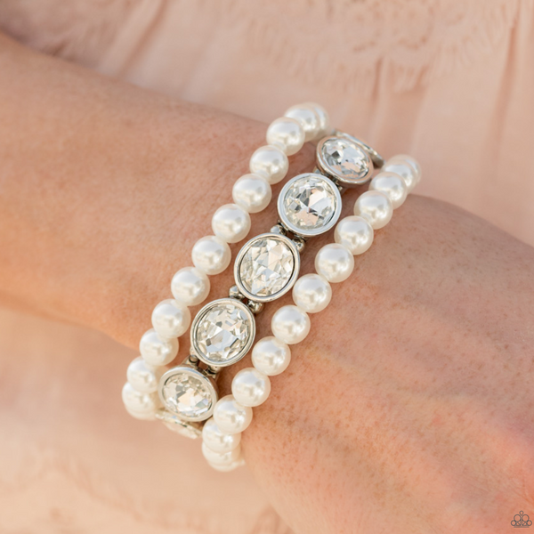 "Flawlessly Flattering" Pearly White Bead & Clear Rhinestone Stretch Bracelet Set