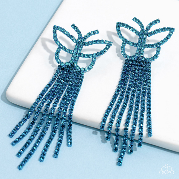 Billowing Butterflies - Blue Metal & Blue Rhinestones Butterfly Tassel Post Earrings