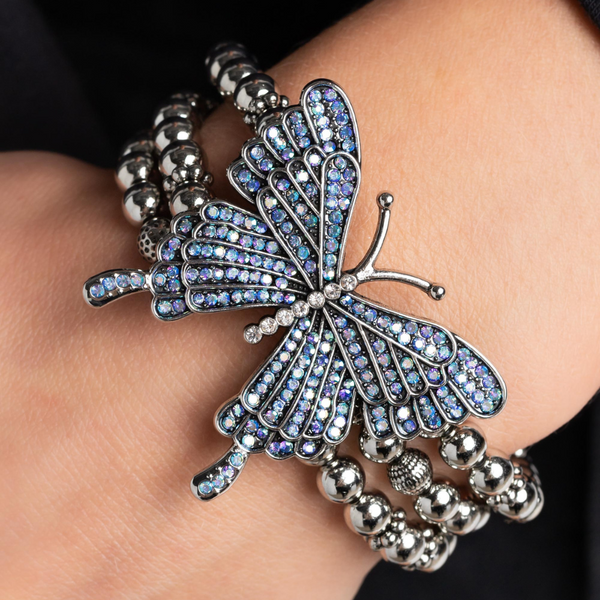 "First Wings First" Silver Beaded & Blue Iridescent Rhinestone Multi Layered Stretch Bracelet