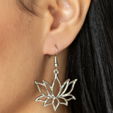 "Lotus Ponds" Silver Metal and Open Work Lotus Flower Floral Dangle Earrings