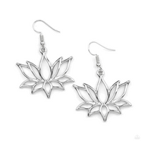 "Lotus Ponds" Silver Metal and Open Work Lotus Flower Floral Dangle Earrings
