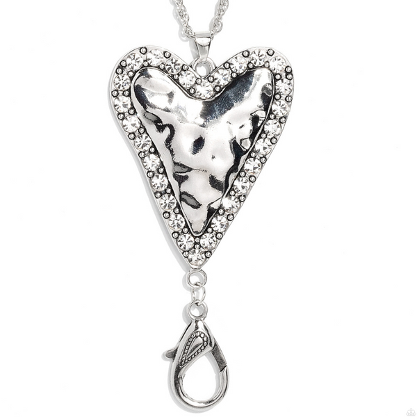 "Radiant Romeo" Antiqued Silver Metal with Clear/White Rhinestone Heart Lanyard Necklace Set