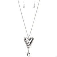 "Radiant Romeo" Antiqued Silver Metal with Clear/White Rhinestone Heart Lanyard Necklace Set