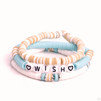 "Matriarchal Melody" Tan, Blue and White Discs Featuring "WISH" Stretch Bracelets Set of 3