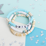 "Matriarchal Melody" Tan, Blue and White Discs Featuring "WISH" Stretch Bracelets Set of 3