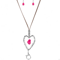 "Santa Fe Sweetheart" Silver Metal Heart Lanyard Leather corded Necklace Set