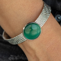 "Mystical Magic" Silver Metal & Round Green Cats Eye Textured Cuff Bracelet
