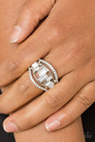 Paparazzi " Treasure Chest Charm " Silver Metal White/Clear Elastic Back Ring