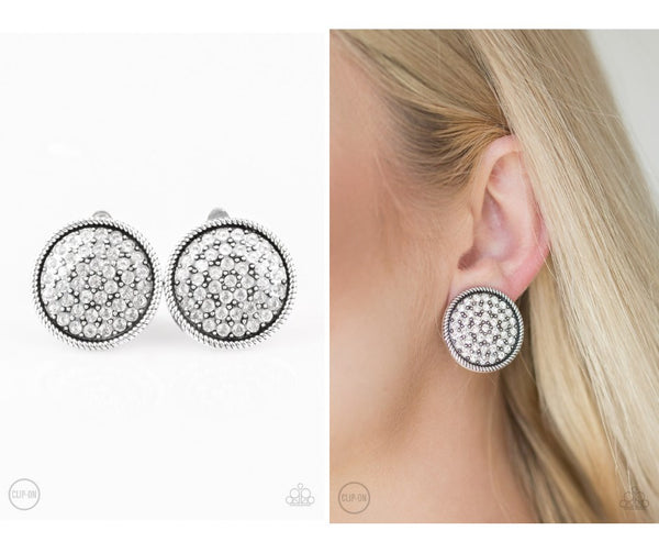 "Gatsby, Who?" Silver Metal & Clear/White Rhinestone Round Clip-On Earrings
