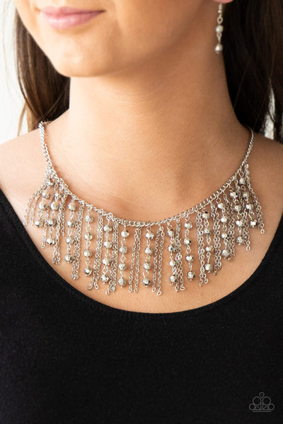 Paparazzi " Rebel Remix " Silver Metal & Faceted Silver Bead Fringe Necklace Set