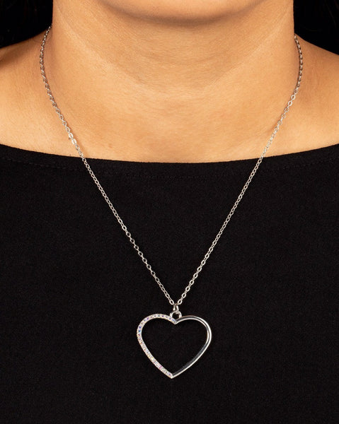 "Love to Sparkle" Silver Metal & Multi Iridescent Rhinestone Open Heart Necklace Set