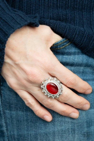 "Baroque the Spell " Silver Metal & Red Moonstone Elastic Back Ring