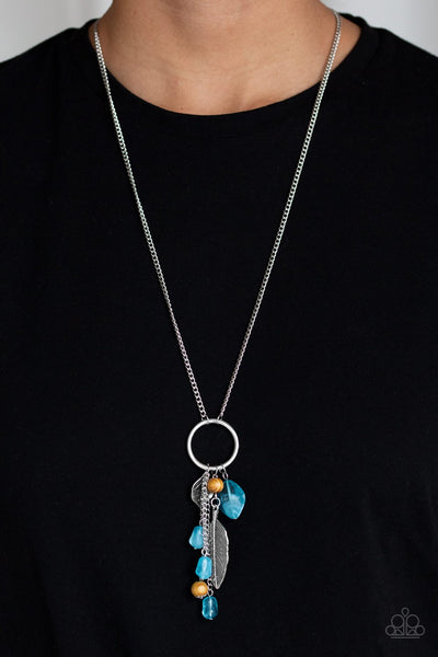Paparazzi "Sky High Style" Silver Metal Blue and Brown Bead & Feather Accent Necklace Set