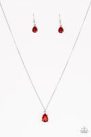 Paparazzi " Classy Classicist " Silver Metal Red Teardrop Rhinestone Solitaire Necklace Set
