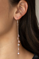 "Extended Eloquence" Silver Metal & Pink Iridescent Rhinestone Long Tassel Earrings