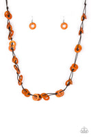 "Waikiki Winds" Brown Cord Multi Orange Wooden Disc Necklace