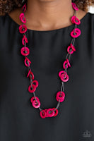 "Waikiki Winds'" Brown Cord Multi Pink Wooden Disc Necklace