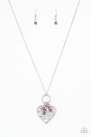 "Romeo Romance" Silver Metal Purple Pearls Filigree Heart Necklace Set