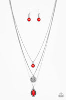 "Tide Drifter" Silver Metal & Red Stone Multi Layered Necklace Set