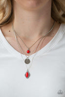 "Tide Drifter" Silver Metal & Red Stone Multi Layered Necklace Set