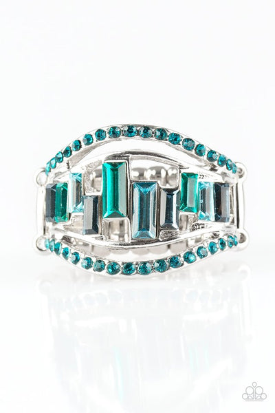 Paparazzi " Treasure Chest Charm " Silver Metal Shades of Blue Elastic Back Ring