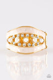 "Royal Treasury" Gold Metal White Pearl & Rhinestone Elastic Back Ring