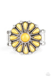 Paparazzi "Poppy Pop-tastic" Silver Metal Yellow Stone Floral Elastic Back Ring