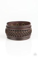 "Outlaw and Order" Men's Brown Leather & Crisscrossed Stitching Snap Bracelet