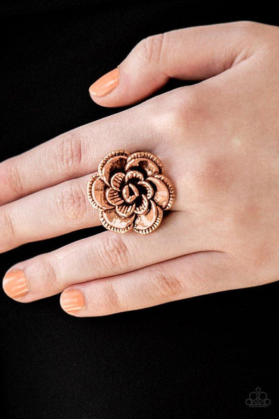 Paparazzi "Flowerbed and Breakfast" Copper Metal Single Flower Floral Elastic Back Ring