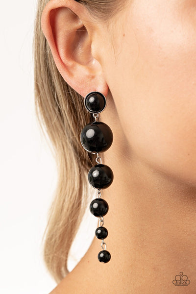 "Living a Wealthy Lifestyle" Silver Metal Graduated Black Beaded Post Earrings