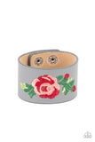 Paparazzi " Rebel Rose " Gray Leather Floral Embroidered Red Rose Snap Bracelet