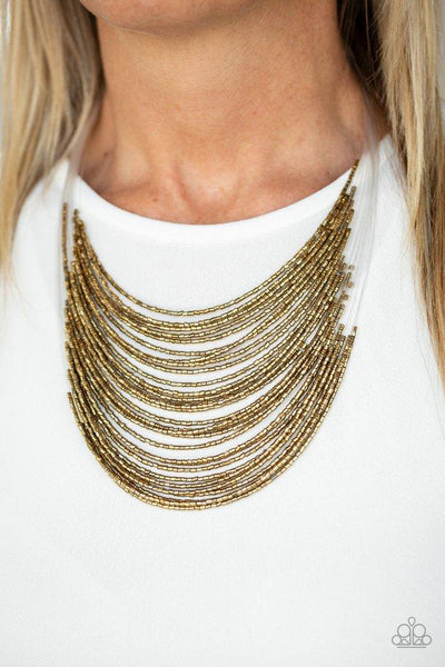 Paparazzi " Catwalk Queen " Invisible Cord Brass Color Seed Bead Necklace Set