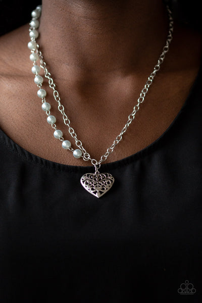 " Forever in my Heart " Silver Pearly Asymmetrical Heart Necklace Set