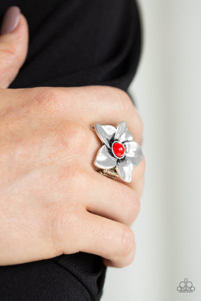Paparazzi " Ask for Flowers " Silver Metal Bright Red Stone Flower Elastic Back Ring