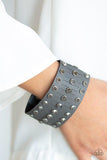 "Now Taking the Stage" Gray LEATHER & Hematite Rhinestone Studded Snap Bracelet