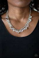 Paparazzi " Downstage Dazzle " Silver Beads & White/Clear Rhinestone Necklace Set