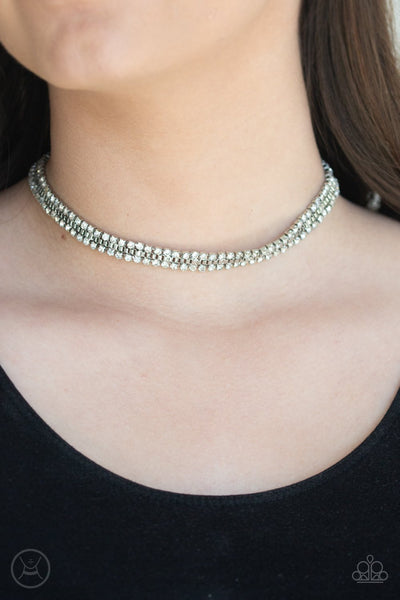 Paparazzi " Full of Hot Heir " Silver Metal & Clear Rhinestone Choker Necklace Set