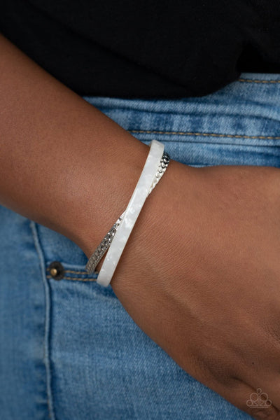 " Haute on the Trail " Silver Metal & White Marble Acrylic Cuff Bracelet