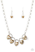 " Heart on your Heels " Silver Champagne Brown Rhinestone Heart Lockets Necklace Set