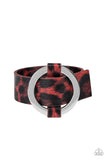 "Jungle Cat Couture" Red Cheetah Animal Print Leather Silver Ring Snap Bracelet