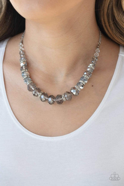 Paparazzi " Distracted by Dazzle " Silver Metal Gray Smoky Crystal Beads Necklace Set