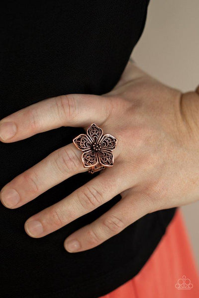 Paparazzi " Full Bloom Fancy " Copper Metal Lacy Flower Elastic Back Ring