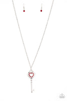"Unlock Your Heart" Silver Metal Red Rhinestone Heart Key Necklace Set