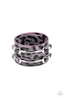 "Safari Scene" Silver Black & Purple Leather Cheetah Print Snap Band Bracelet