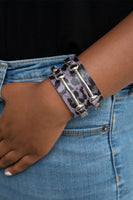 "Safari Scene" Silver Black & Purple Leather Cheetah Print Snap Band Bracelet