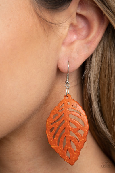 "Leaf 'Em Hanging" Orange Distressed Leaf Shaped Wood Earrings