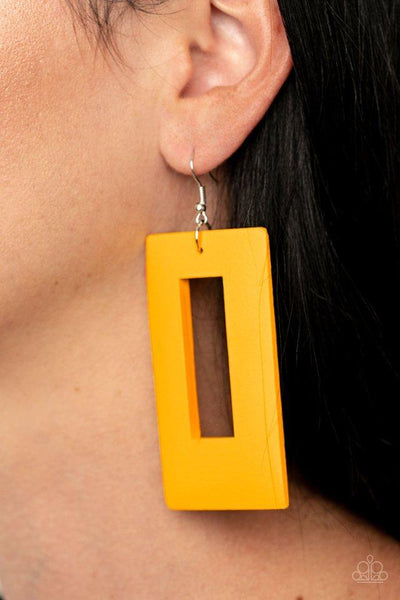 "Totally Framed" Stenciled Cutout Yellow Rectangle Wood Earrings