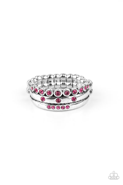 Paparazzi "The Next Level" Silver Metal and Pink Rhinestone Band Elastic Back Ring