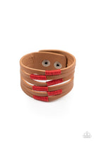 Paparazzi " Country Colors " Brown LEATHER & Wrapped Red Cord Accent Snap Bracelet